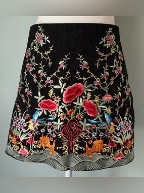 Zara Black Mini Skirt with Multicolor Floral Embroidery